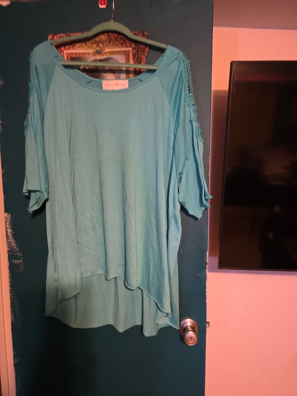French Laundry Teal Knit Tunic with Crochet Shoulder Accents